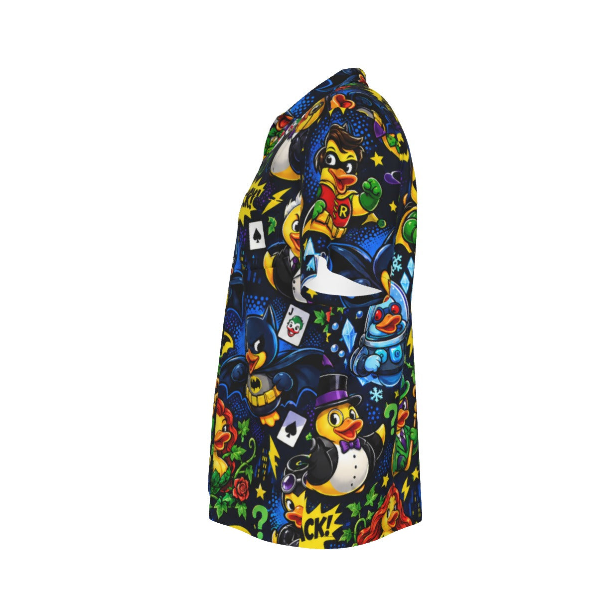 Quackman and Robin men's Hawaiian shirt with pocket featuring a comic hero and villain rubber duck print