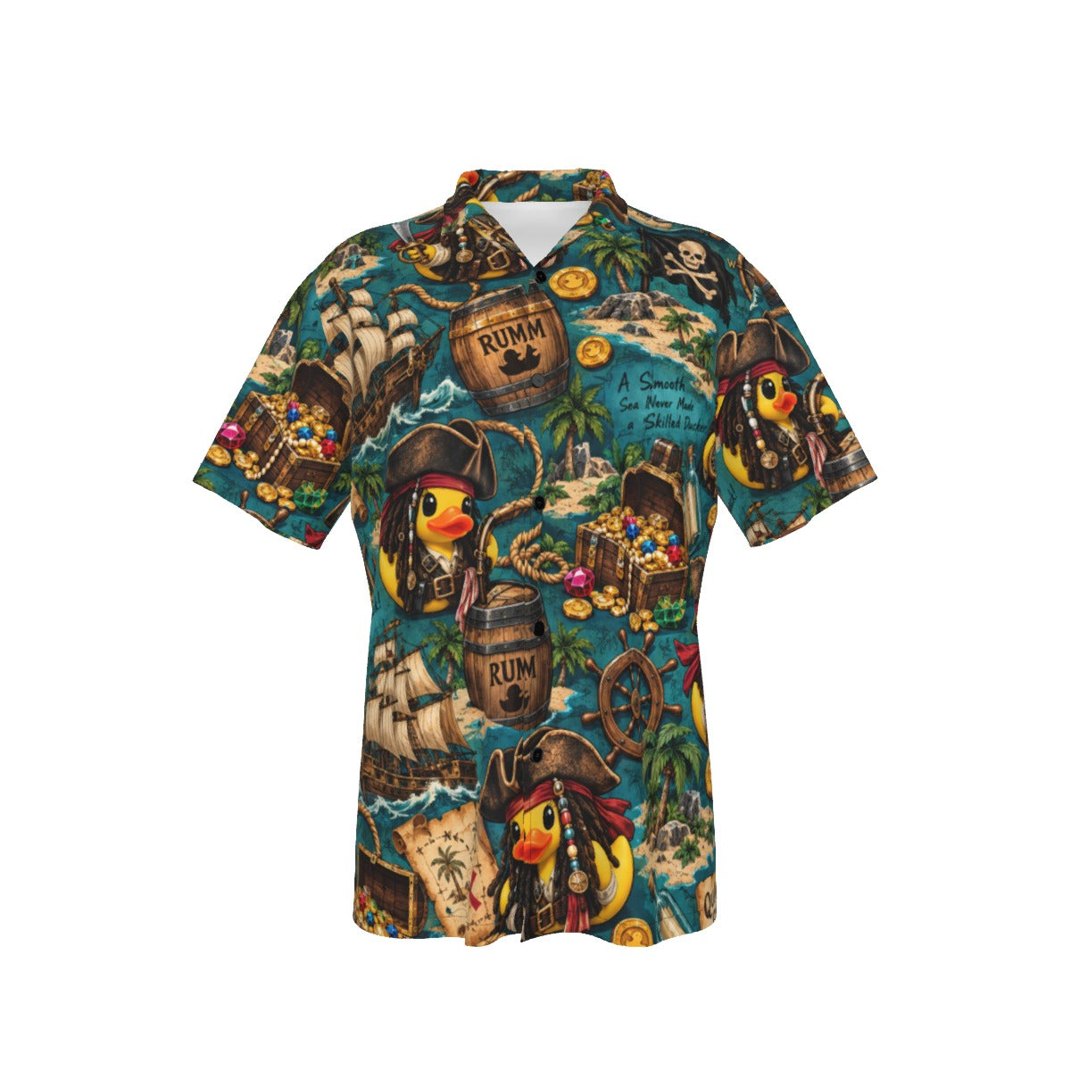 Quack Sparrow men's Hawaiian shirt with pocket featuring a pirate rubber duck print