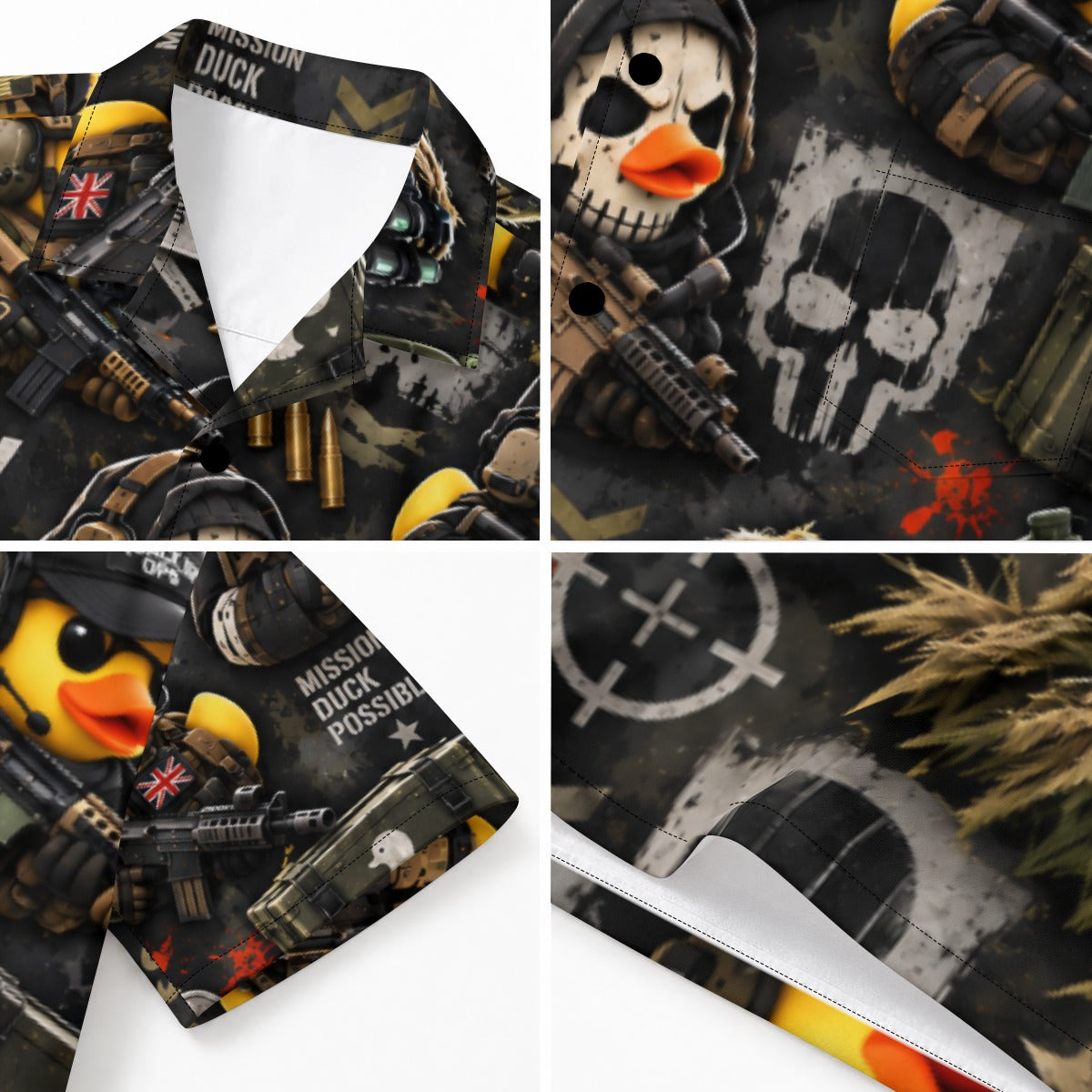 Call of Ducky men's Hawaiian shirt with pocket featuring a tactical gamer rubber duck print