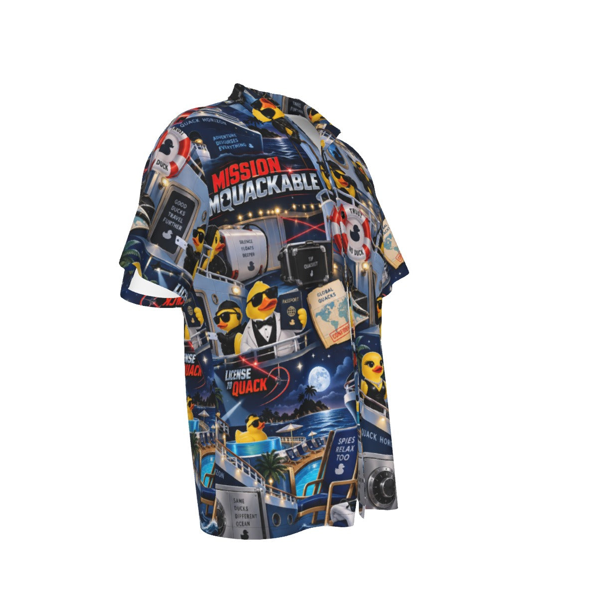 Mission Imquackable men's Hawaiian shirt with pocket featuring a spy action rubber duck print