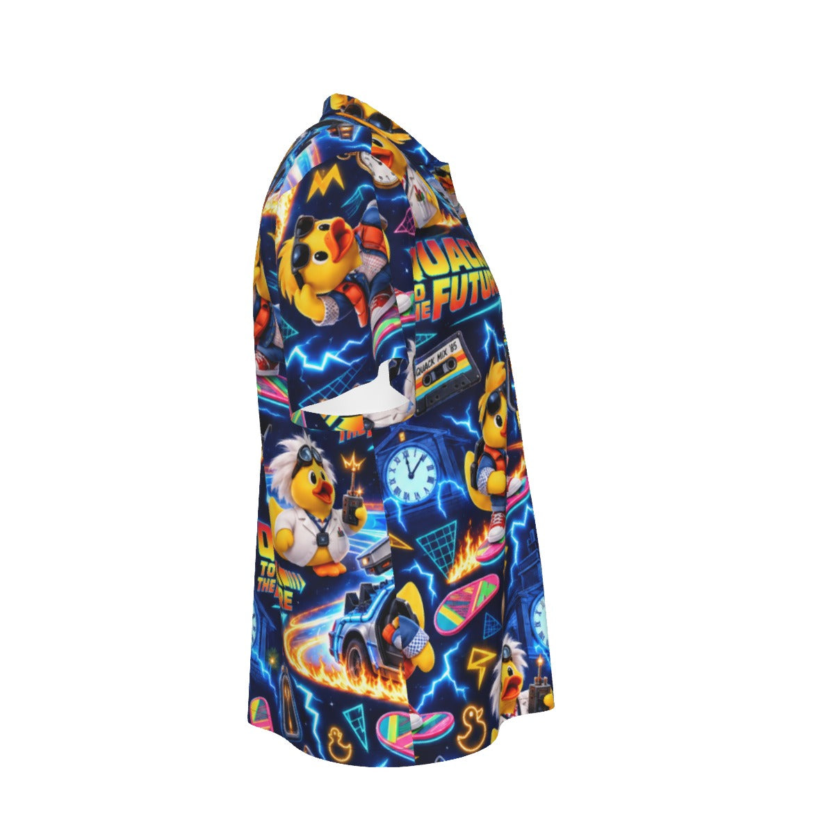 Quack to the Future men's Hawaiian shirt with pocket featuring a nostalgic time travel rubber duck print