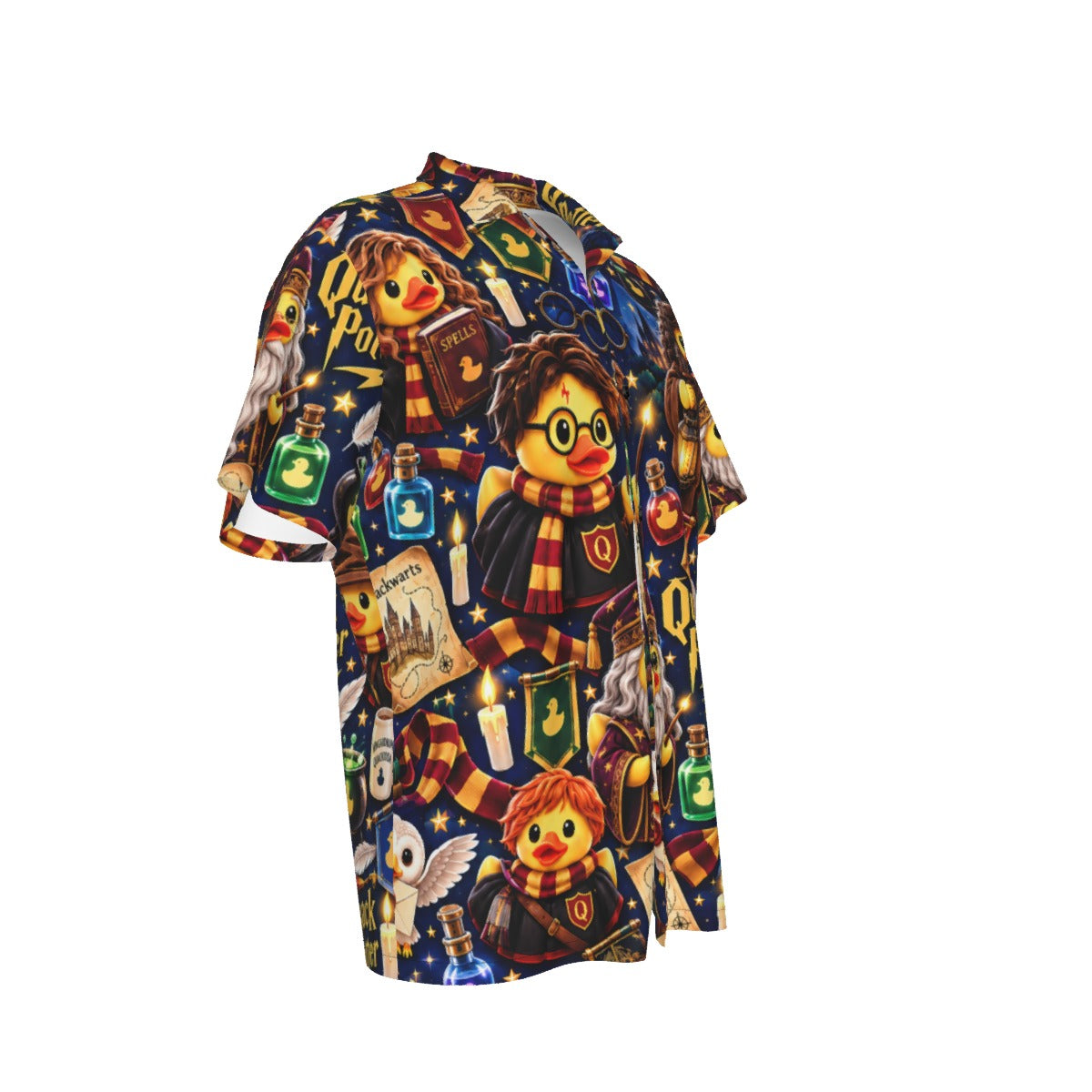 Quacky Potter men's Hawaiian shirt with pocket featuring a magical fantasy rubber duck print
