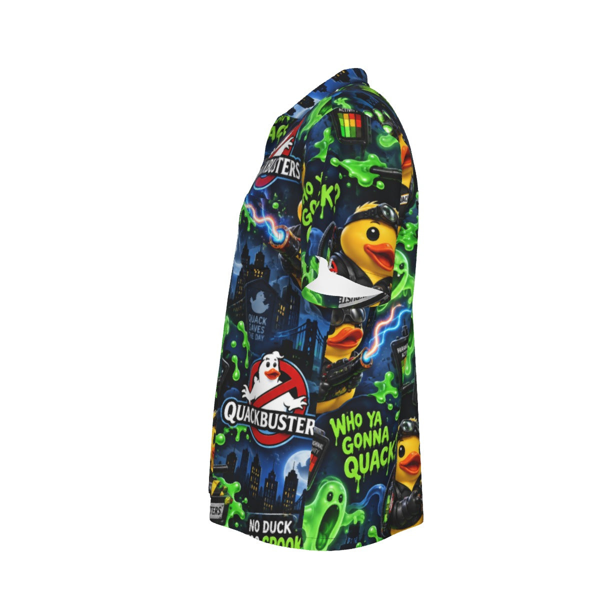 Quackbusters men's Hawaiian shirt with pocket featuring a spooky paranormal rubber duck print