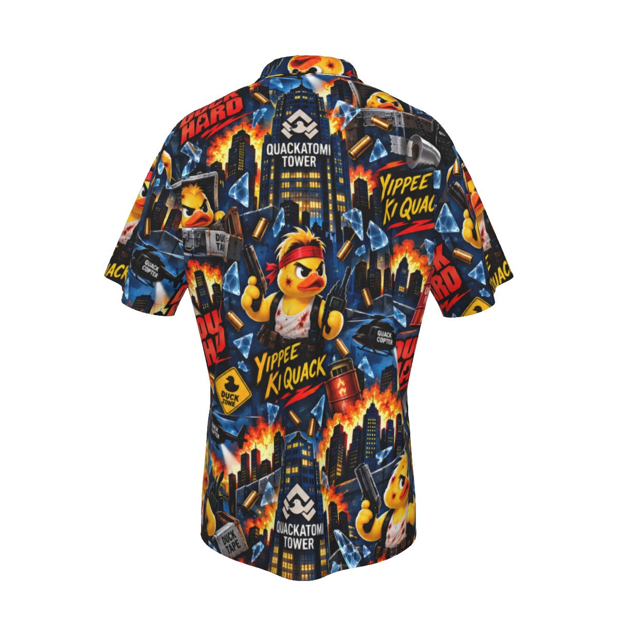 Duck Hard men's Hawaiian shirt with pocket featuring a action movie rubber duck print
