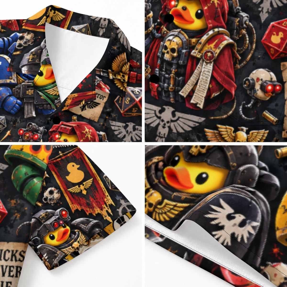 Quackhammer men's Hawaiian shirt with pocket featuring a sci fi tabletop battle rubber duck print