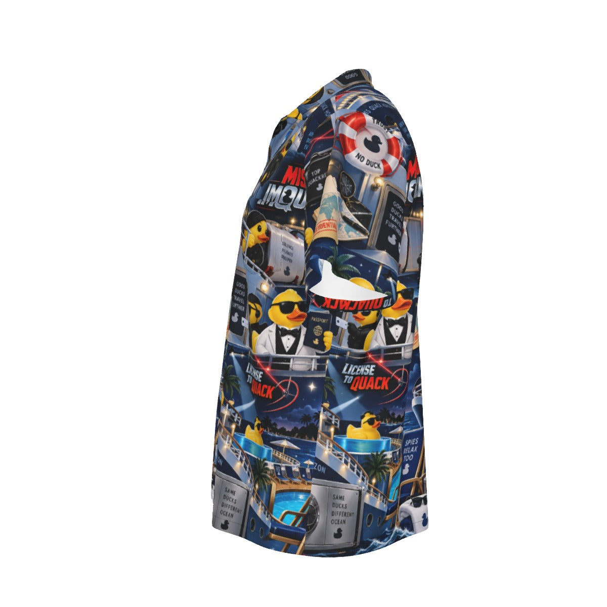 Mission Imquackable men's Hawaiian shirt with pocket featuring a spy action rubber duck print