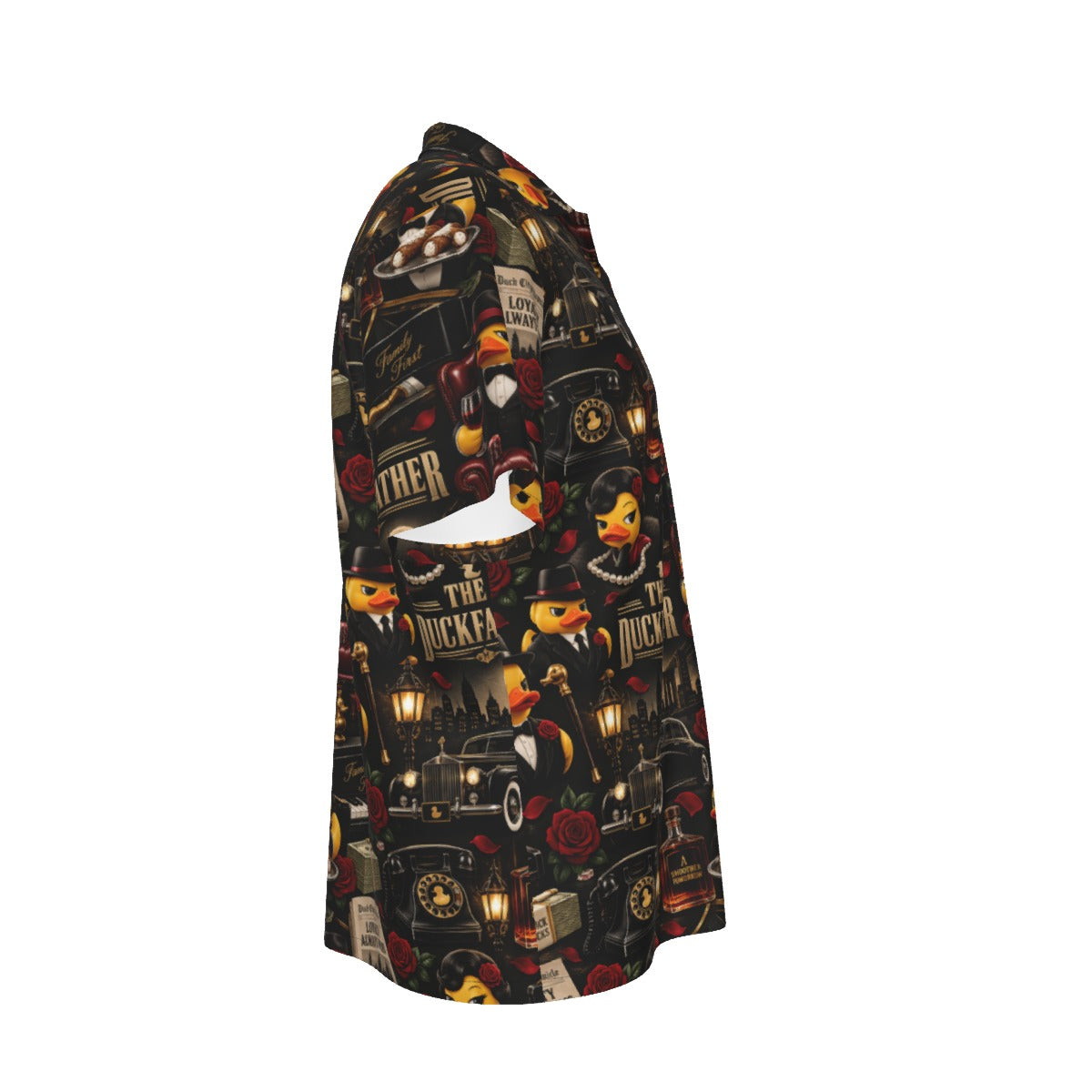 The Duckfather men's Hawaiian shirt with pocket featuring a mob movie inspired rubber duck print