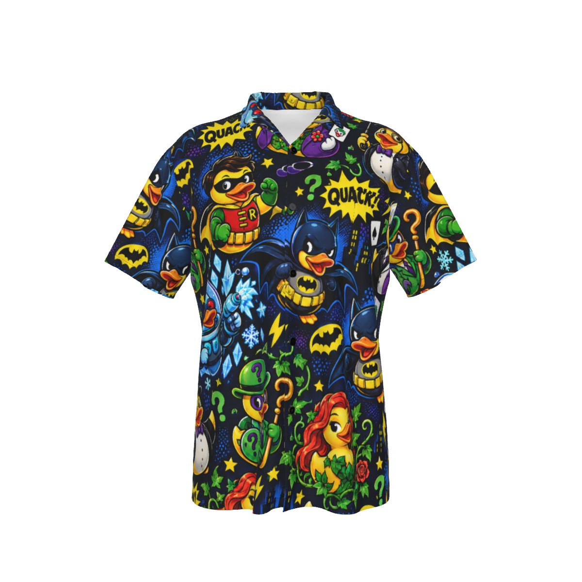 Quackman and Robin men's Hawaiian shirt with pocket featuring a comic hero and villain rubber duck print