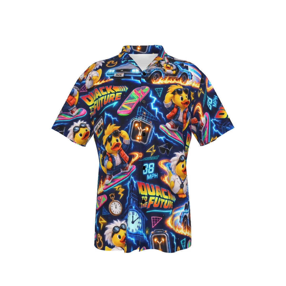 Quack to the Future men's Hawaiian shirt with pocket featuring a nostalgic time travel rubber duck print