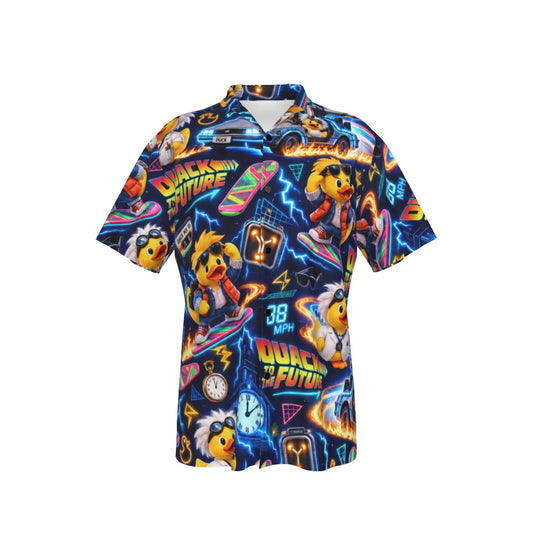 Quack to the Future men's Hawaiian shirt with pocket featuring a nostalgic time travel rubber duck print