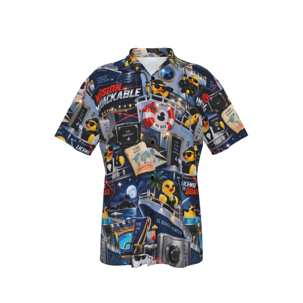 Mission Imquackable men's Hawaiian shirt with pocket featuring a spy action rubber duck print