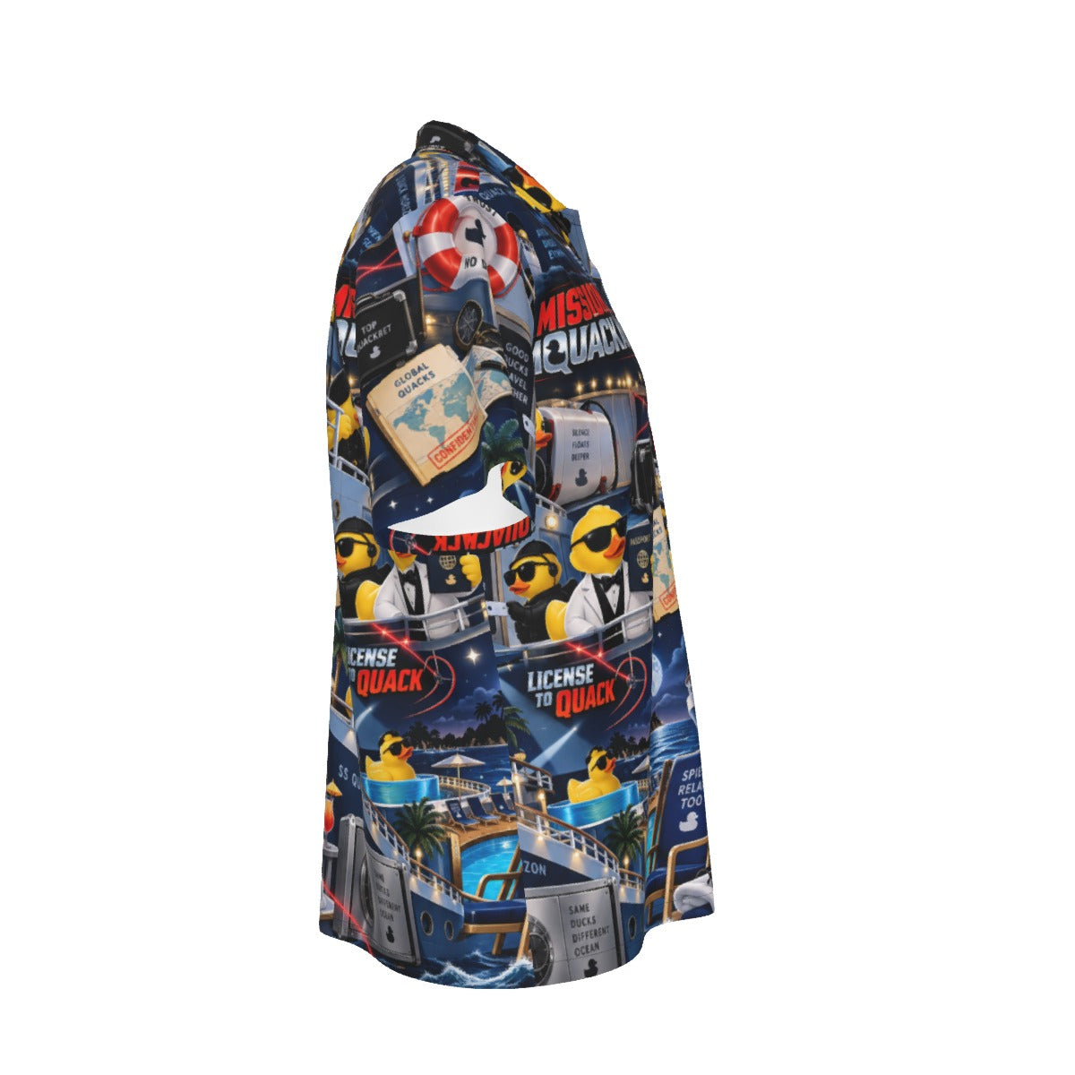 Mission Imquackable men's Hawaiian shirt with pocket featuring a spy action rubber duck print