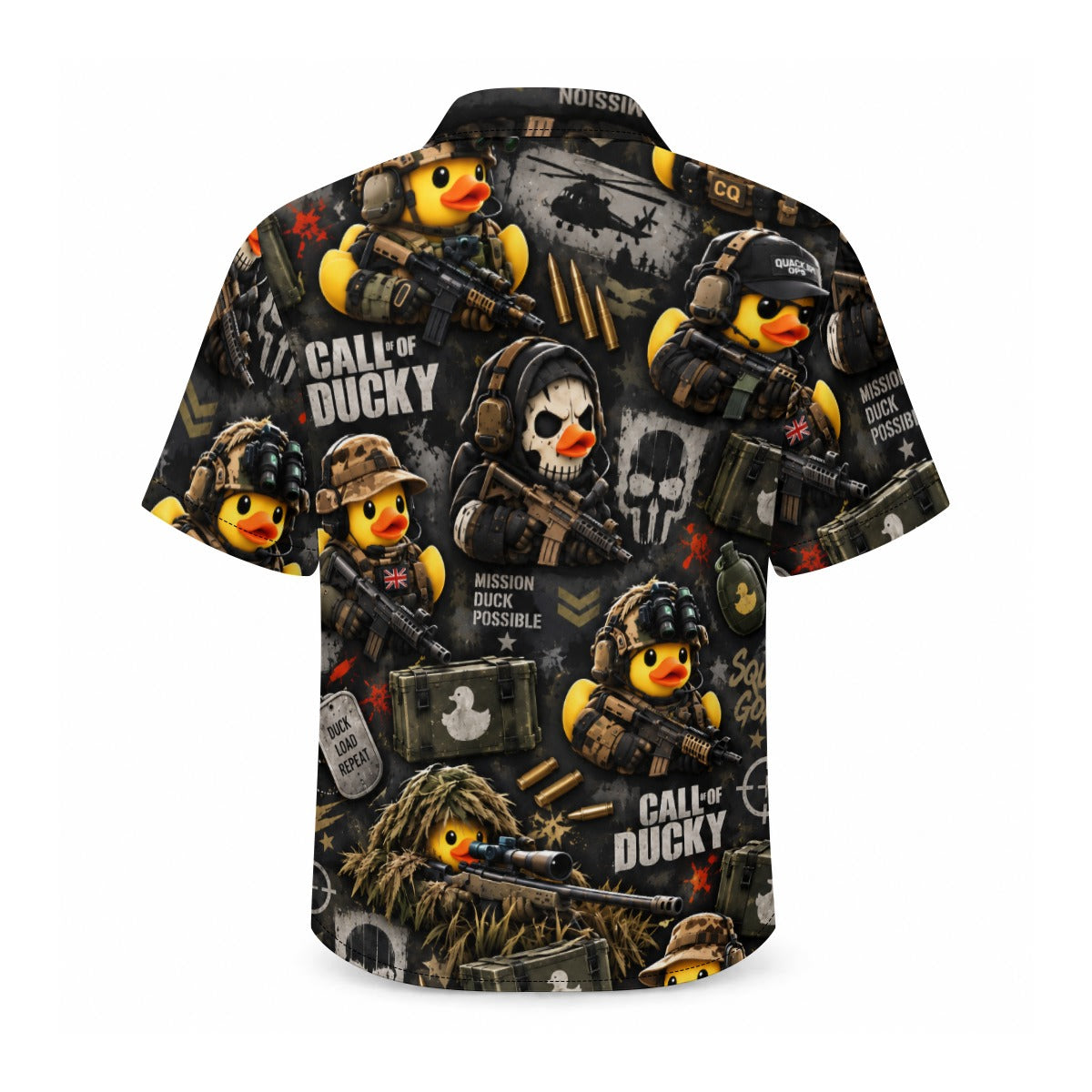 Call of Ducky men's Hawaiian shirt with pocket featuring a tactical gamer rubber duck print