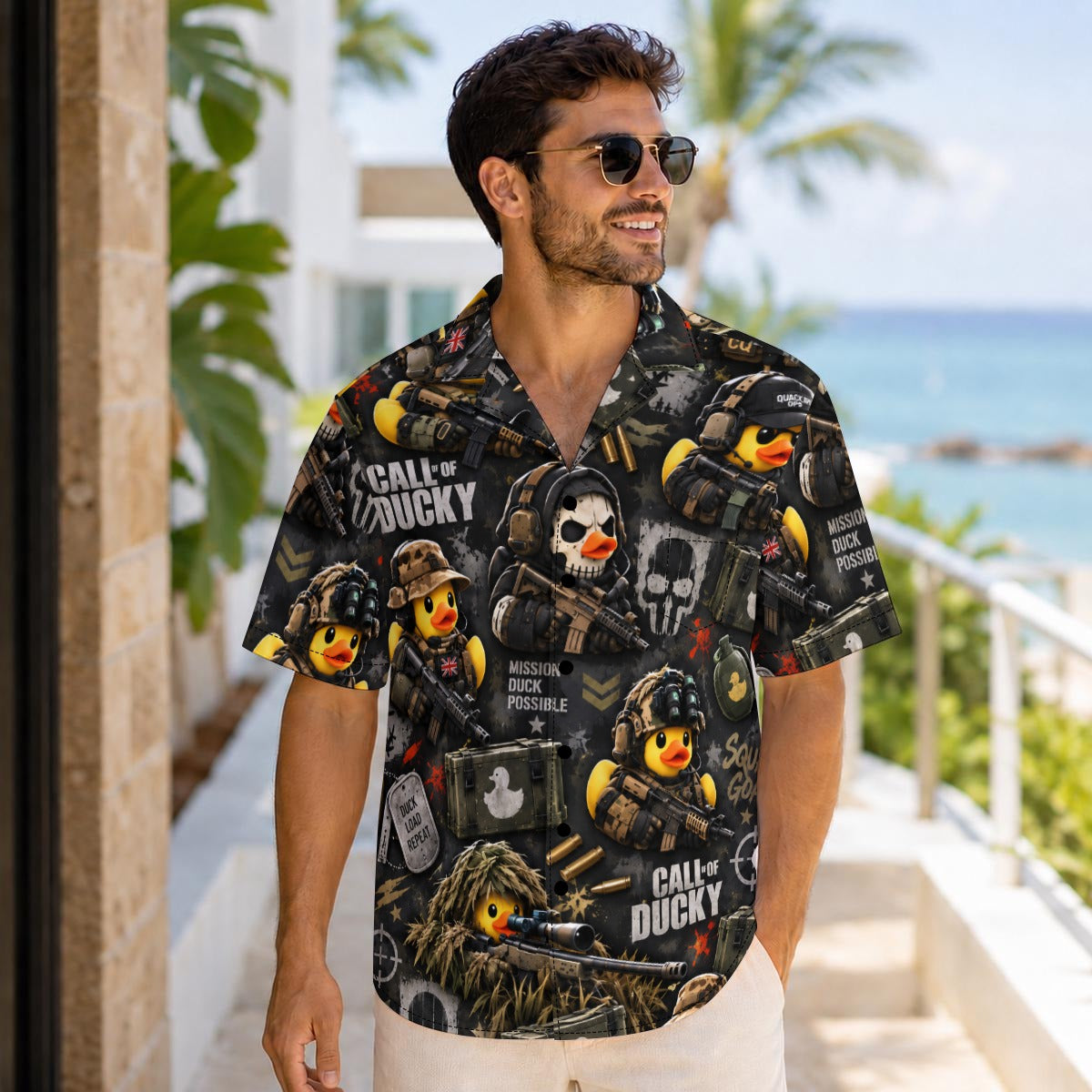 Call of Ducky men's Hawaiian shirt with pocket featuring a tactical gamer rubber duck print