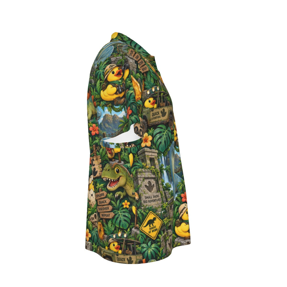 Jurassic Quack men's Hawaiian shirt with pocket featuring a dinosaur rubber duck print