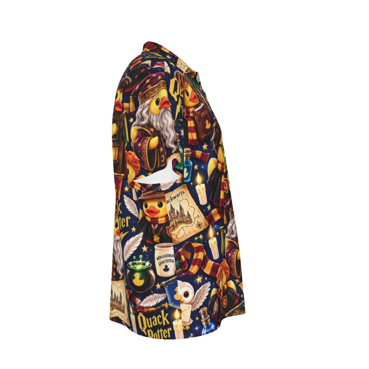 Quacky Potter men's Hawaiian shirt with pocket featuring a magical fantasy rubber duck print