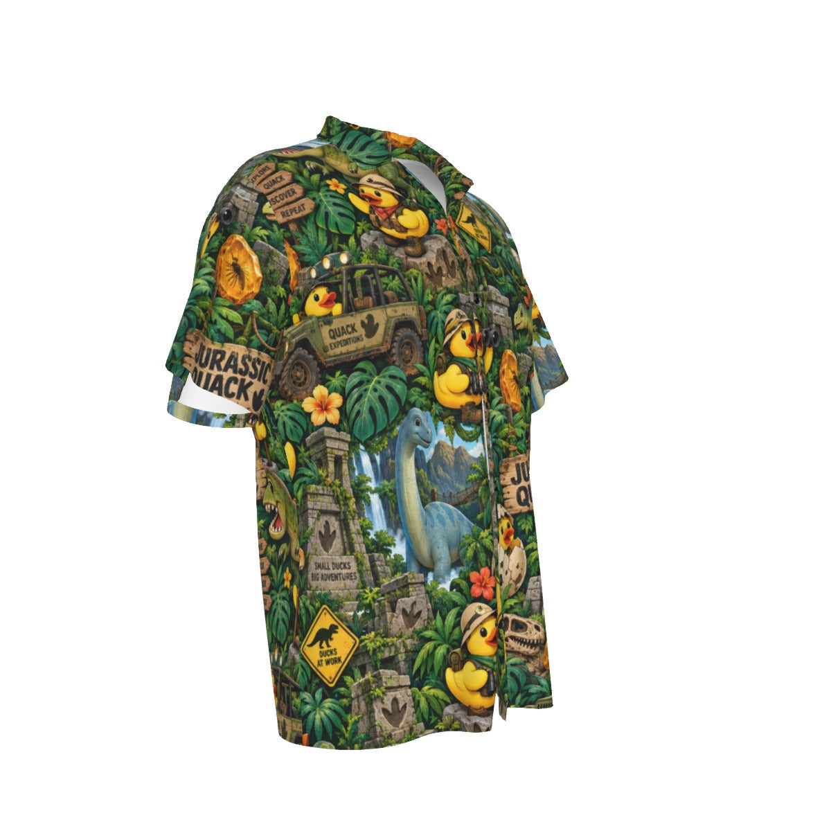 Jurassic Quack men's Hawaiian shirt with pocket featuring a dinosaur rubber duck print