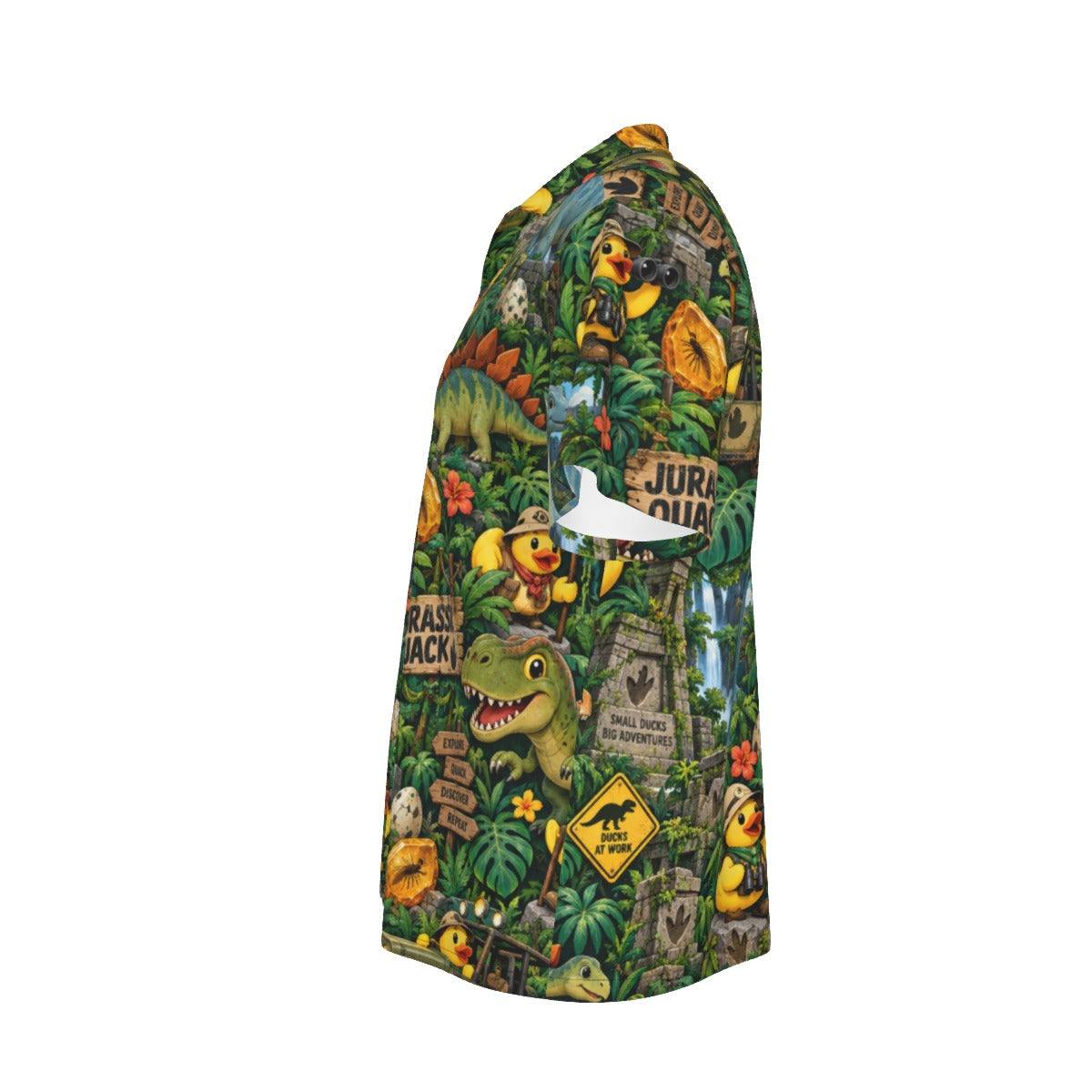 Jurassic Quack men's Hawaiian shirt with pocket featuring a dinosaur rubber duck print
