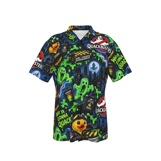 Quackbusters men's Hawaiian shirt with pocket featuring a spooky paranormal rubber duck print
