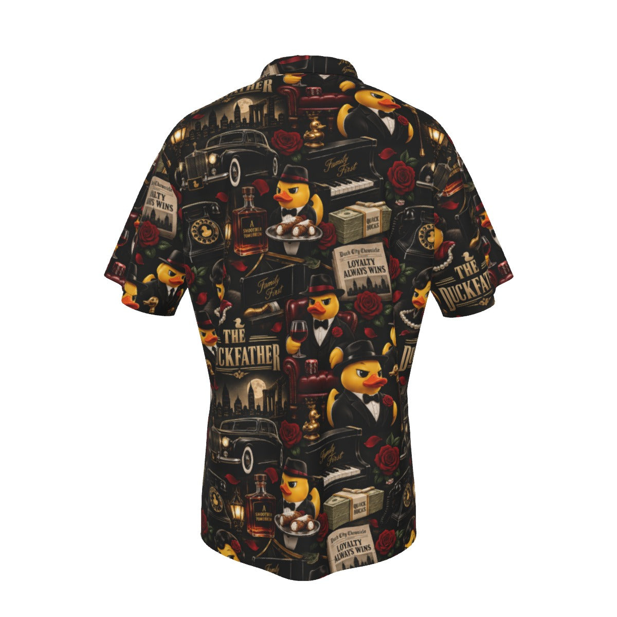 The Duckfather men's Hawaiian shirt with pocket featuring a mob movie inspired rubber duck print