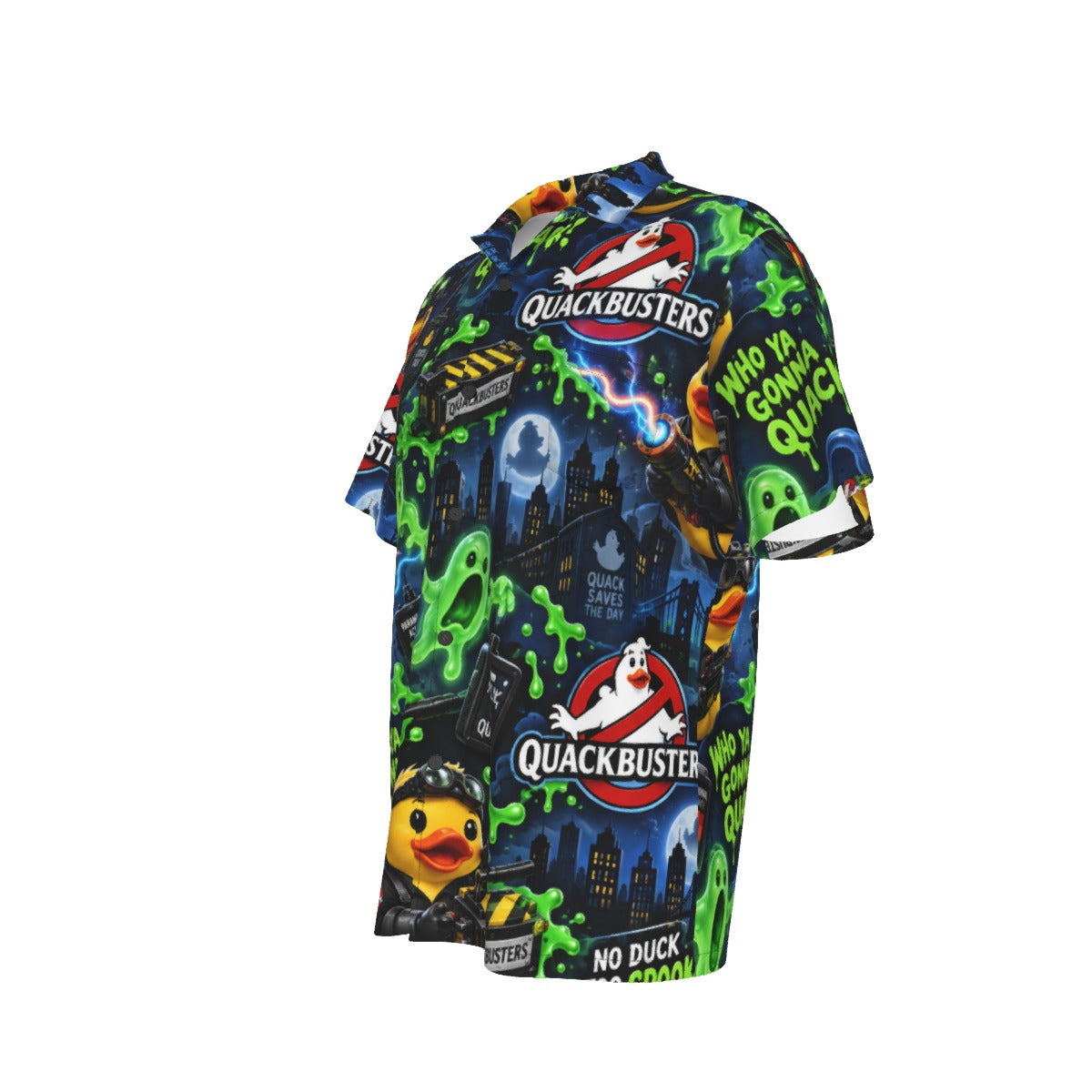 Quackbusters men's Hawaiian shirt with pocket featuring a spooky paranormal rubber duck print
