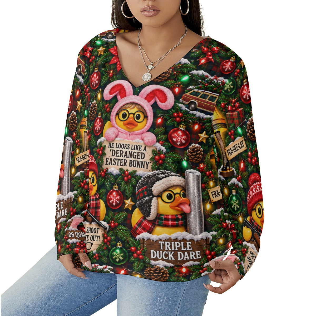 A Quackmas Story Women’s V-Neck Long-Sleeved T-Shirt
