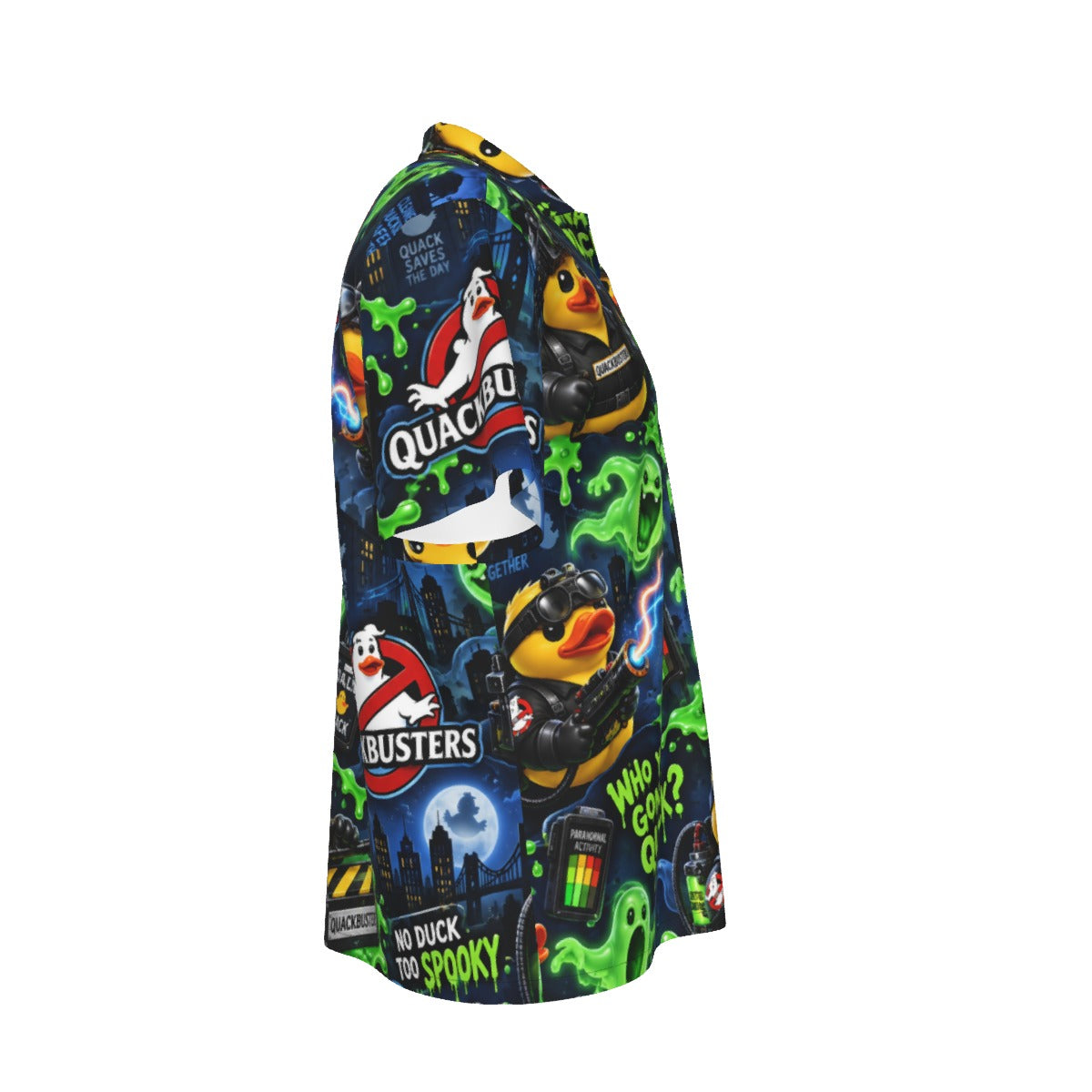 Quackbusters men's Hawaiian shirt with pocket featuring a spooky paranormal rubber duck print