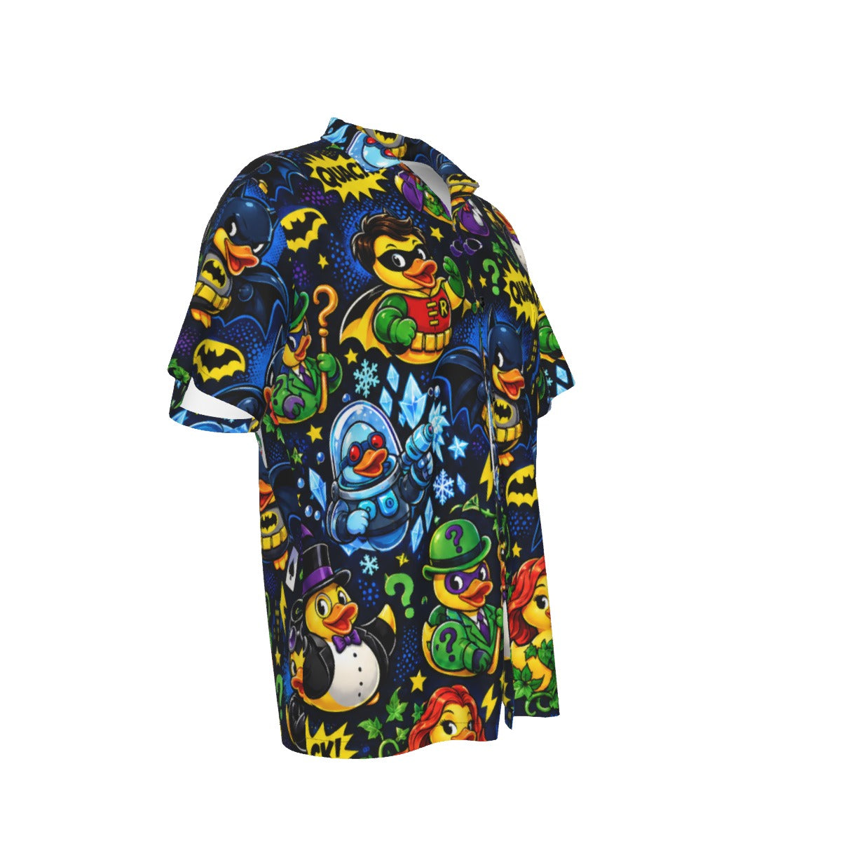Quackman and Robin men's Hawaiian shirt with pocket featuring a comic hero and villain rubber duck print