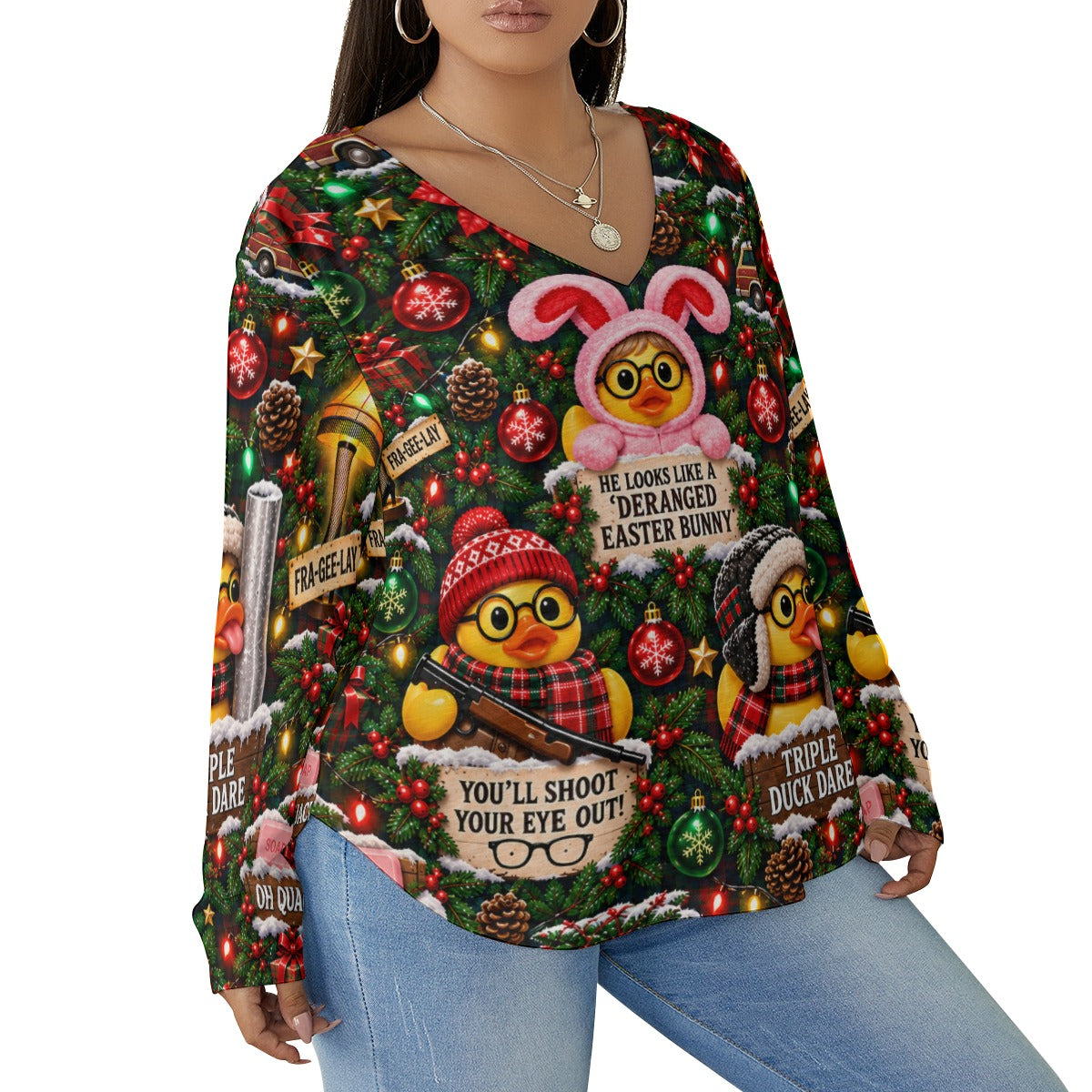 A Quackmas Story Women’s V-Neck Long-Sleeved T-Shirt
