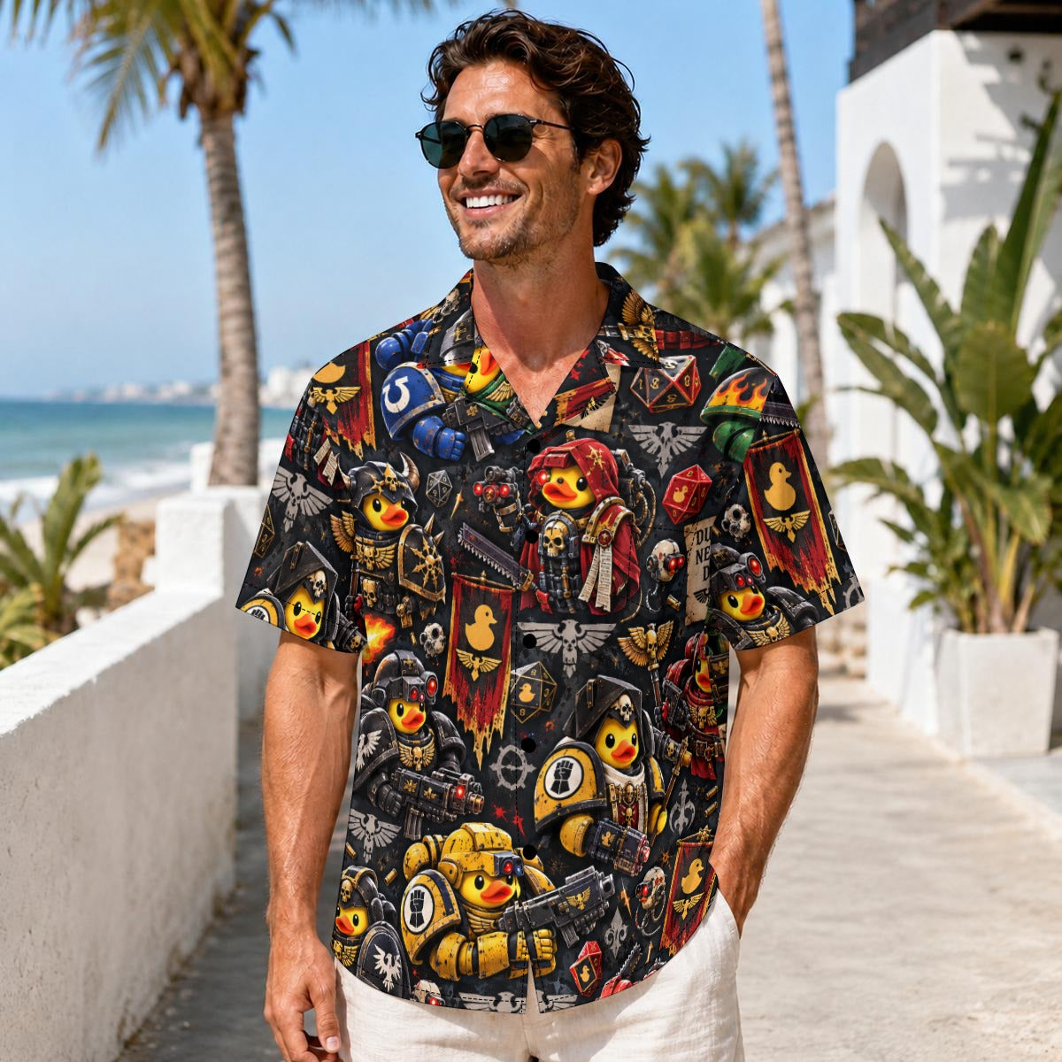 Quackhammer men's Hawaiian shirt with pocket featuring a sci fi tabletop battle rubber duck print