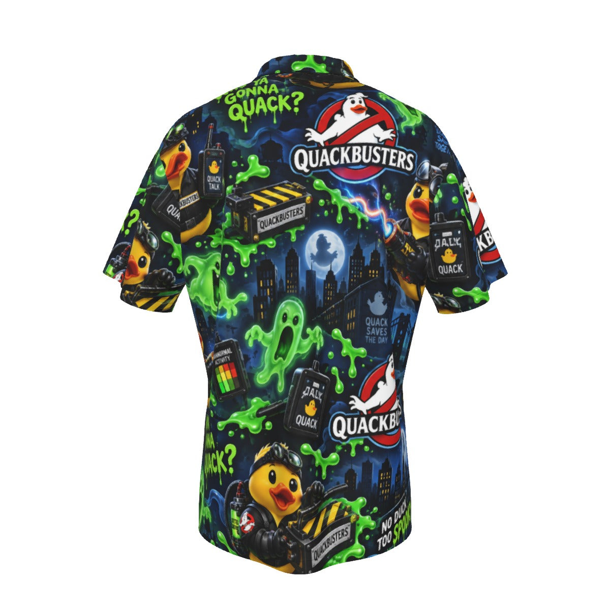 Quackbusters men's Hawaiian shirt with pocket featuring a spooky paranormal rubber duck print