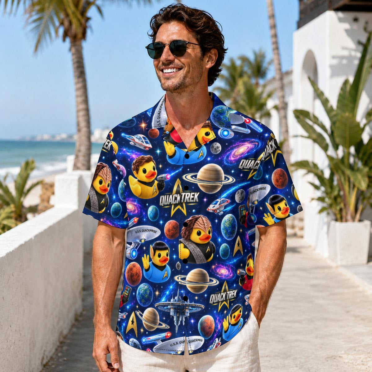 Quack Trek men's Hawaiian shirt with pocket featuring a sci fi space explorer rubber duck print