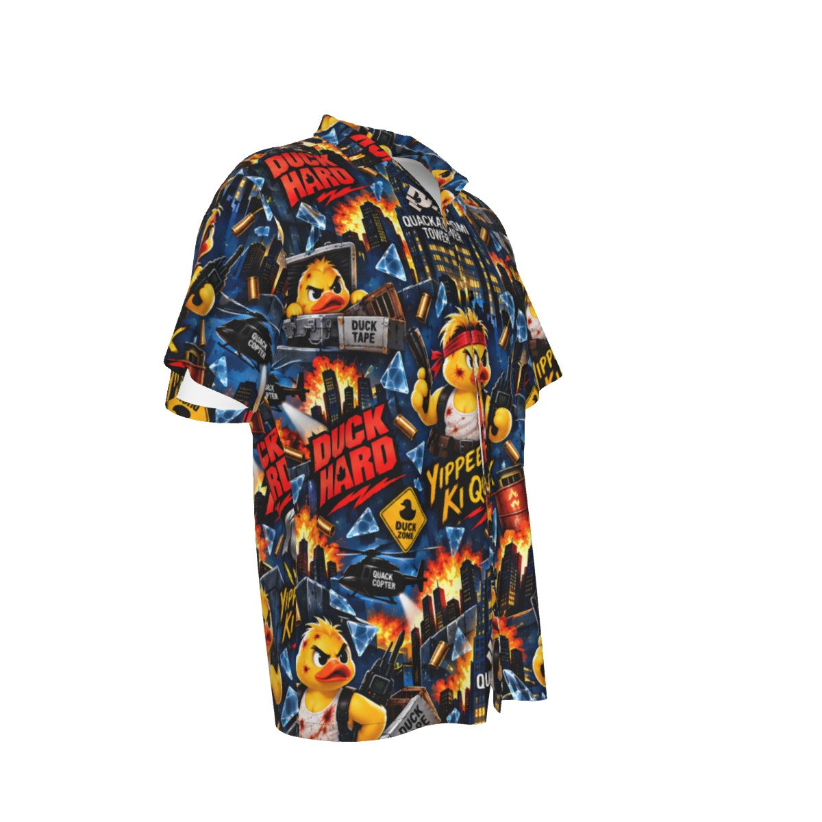 Duck Hard men's Hawaiian shirt with pocket featuring a action movie rubber duck print