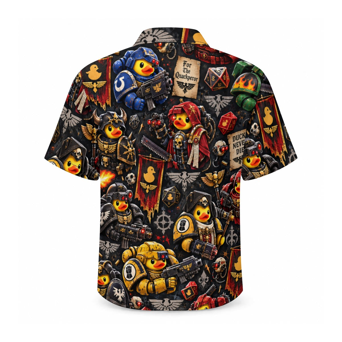 Quackhammer men's Hawaiian shirt with pocket featuring a sci fi tabletop battle rubber duck print
