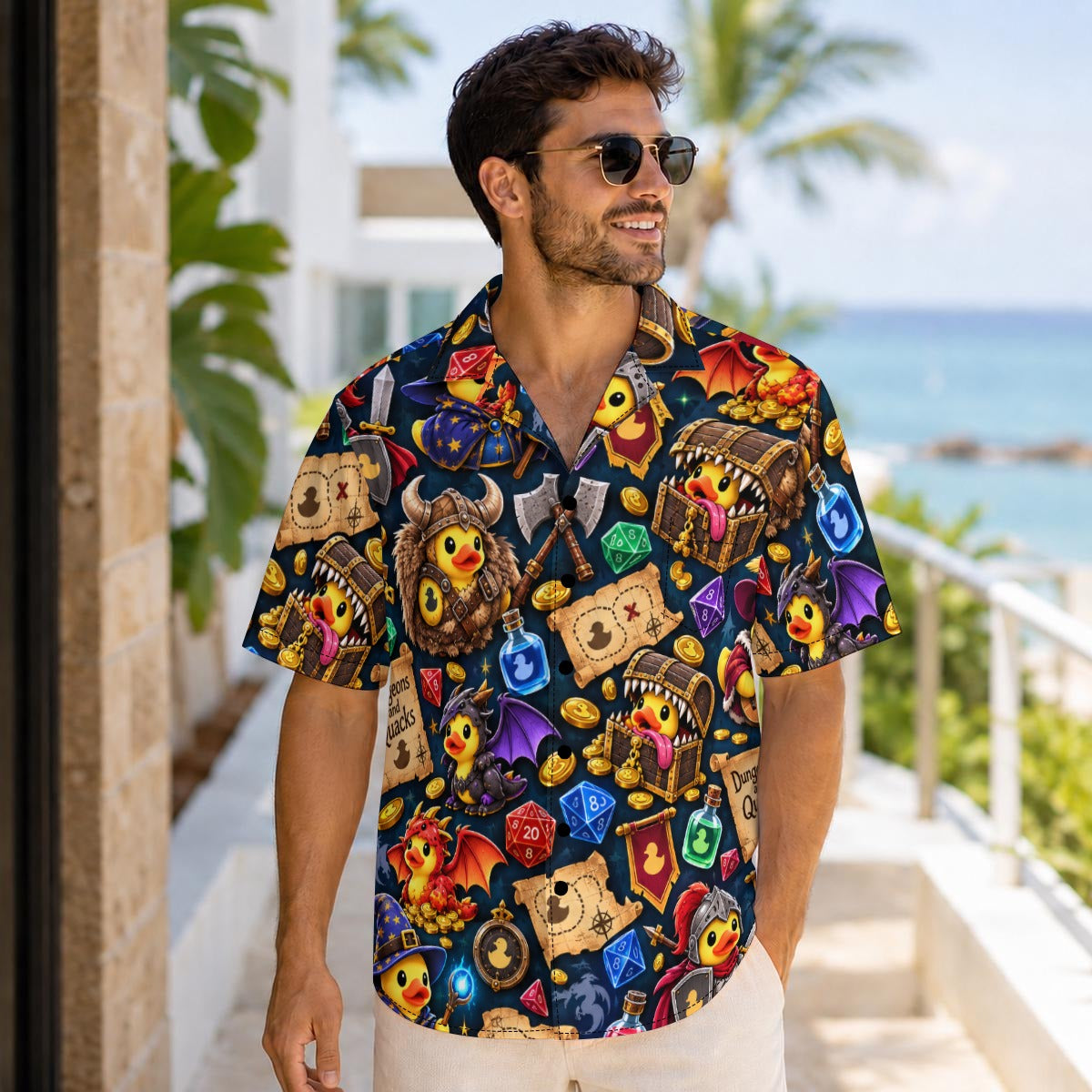Dungeons and Quacks men's Hawaiian shirt with pocket featuring a fantasy RPG rubber duck print