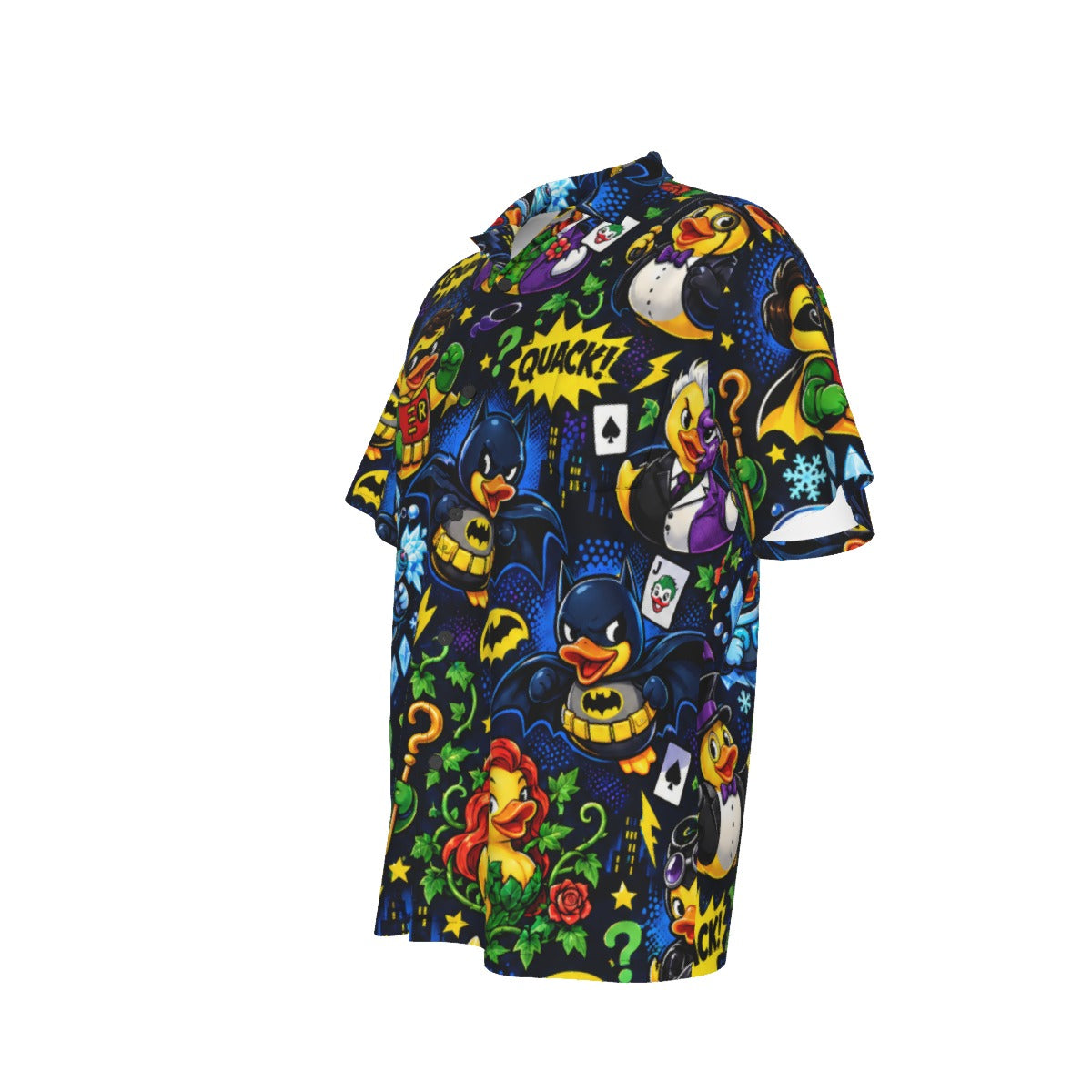 Quackman and Robin men's Hawaiian shirt with pocket featuring a comic hero and villain rubber duck print