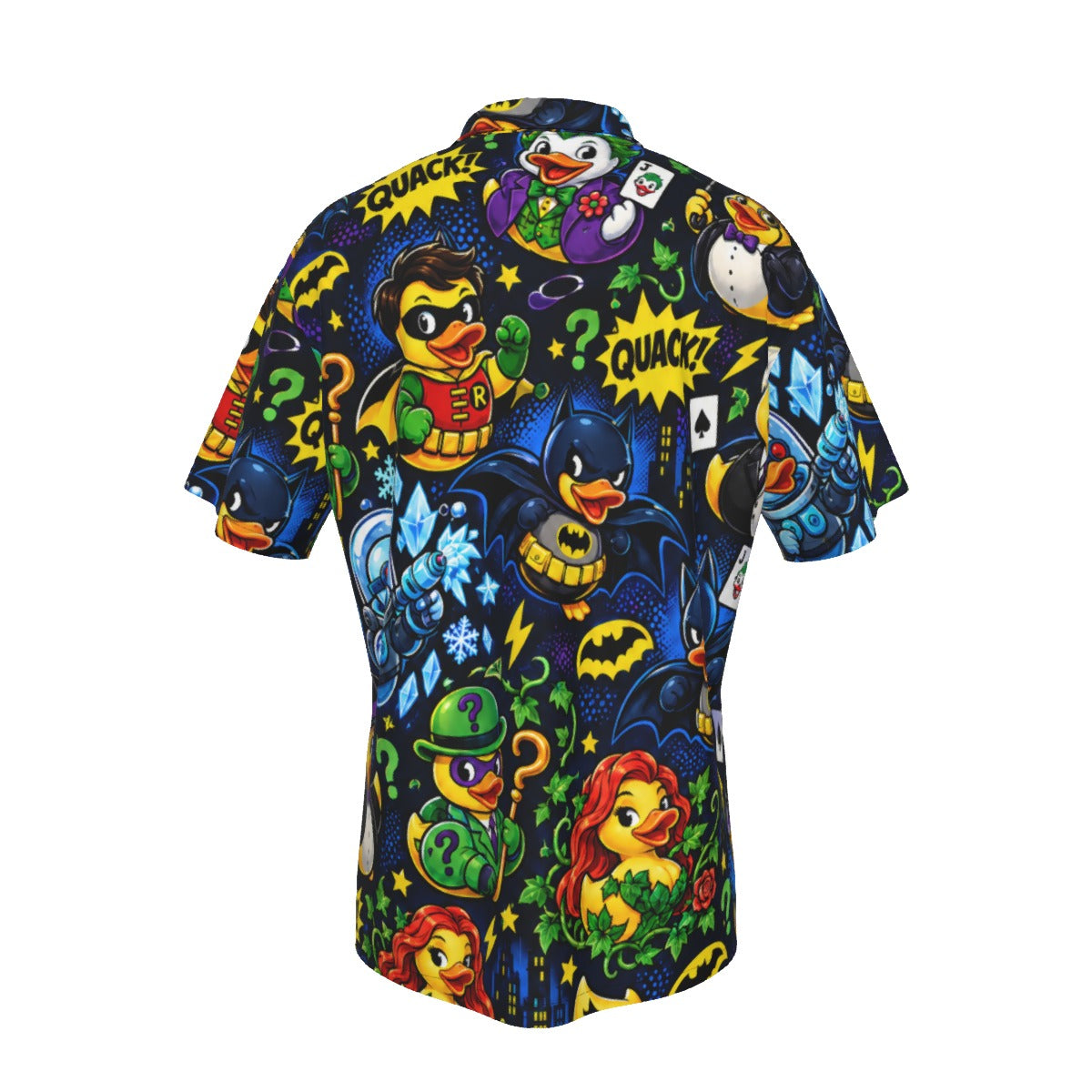 Quackman and Robin men's Hawaiian shirt with pocket featuring a comic hero and villain rubber duck print