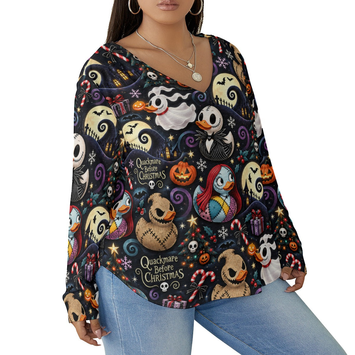Quackmare Before Christmas Women’s V-Neck Long-Sleeved T-Shirt