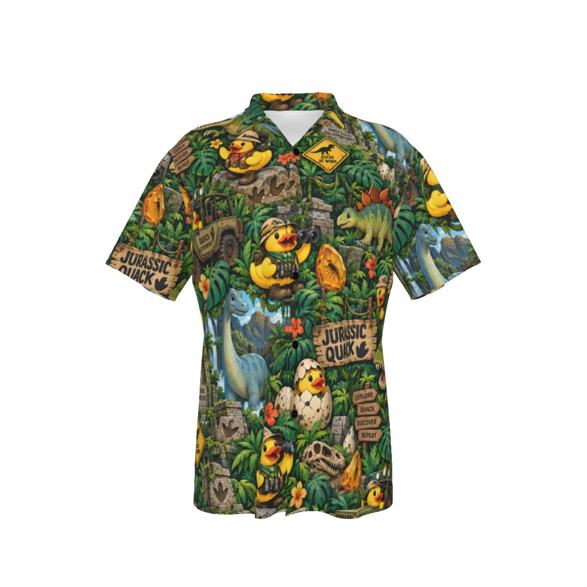 Jurassic Quack men's Hawaiian shirt with pocket featuring a dinosaur rubber duck print