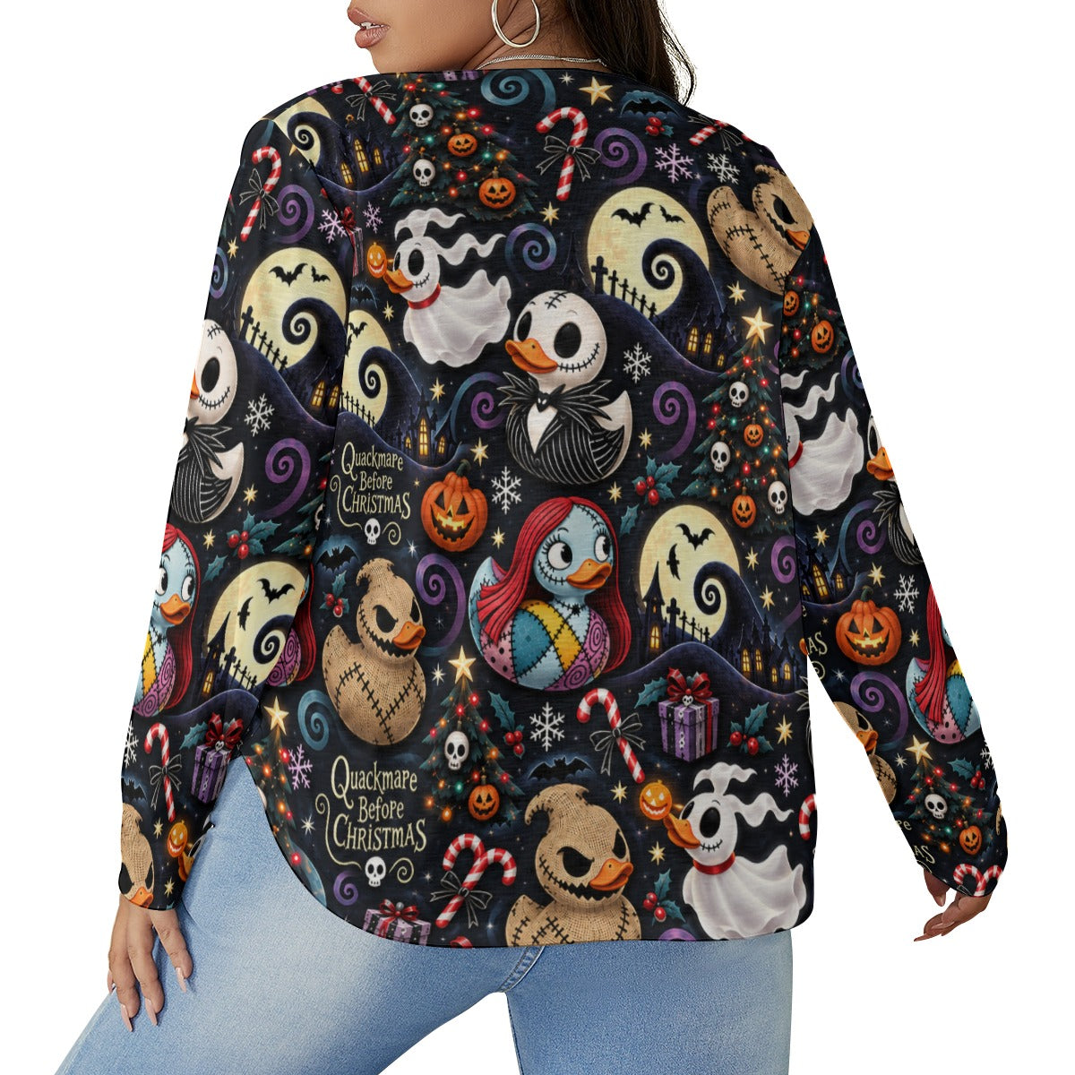 Quackmare Before Christmas Women’s V-Neck Long-Sleeved T-Shirt