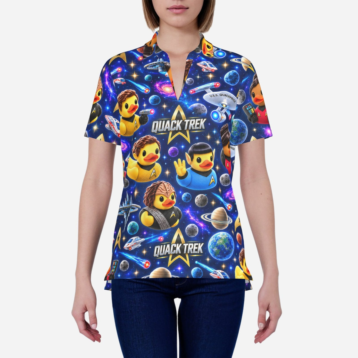 Quack Trek women’s UPF 50+ V-neck shirt with sci-fi space explorer rubber duck pattern