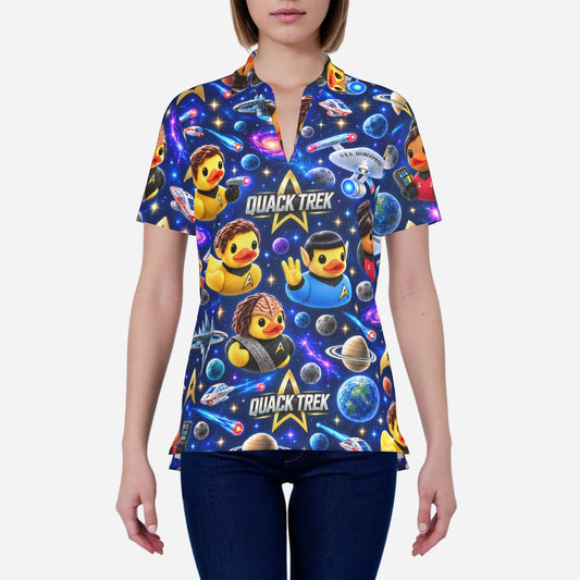 Quack Trek women’s UPF 50+ V-neck shirt with sci-fi space explorer rubber duck pattern