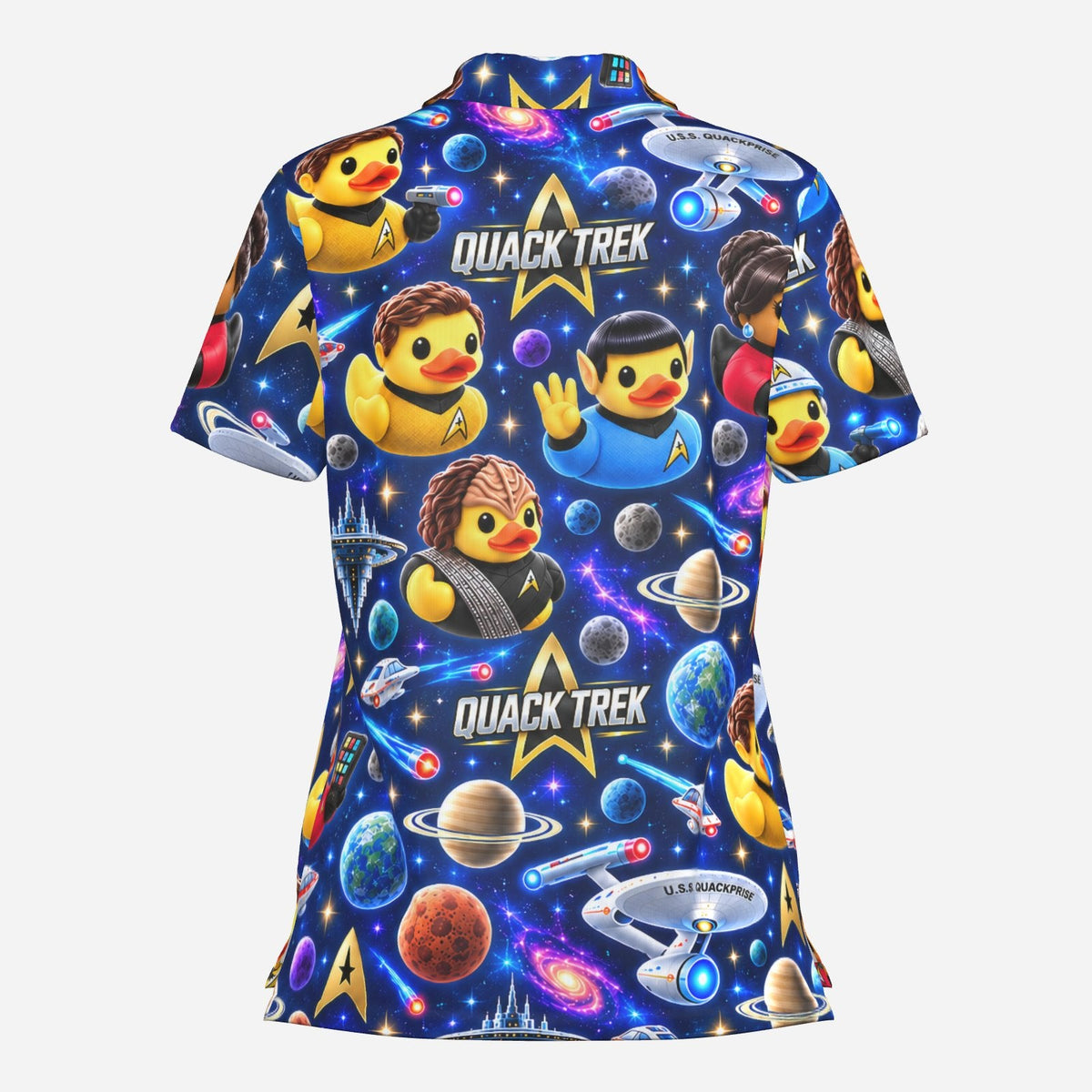 Quack Trek women’s sci-fi rubber duck V-neck sun protection shirt