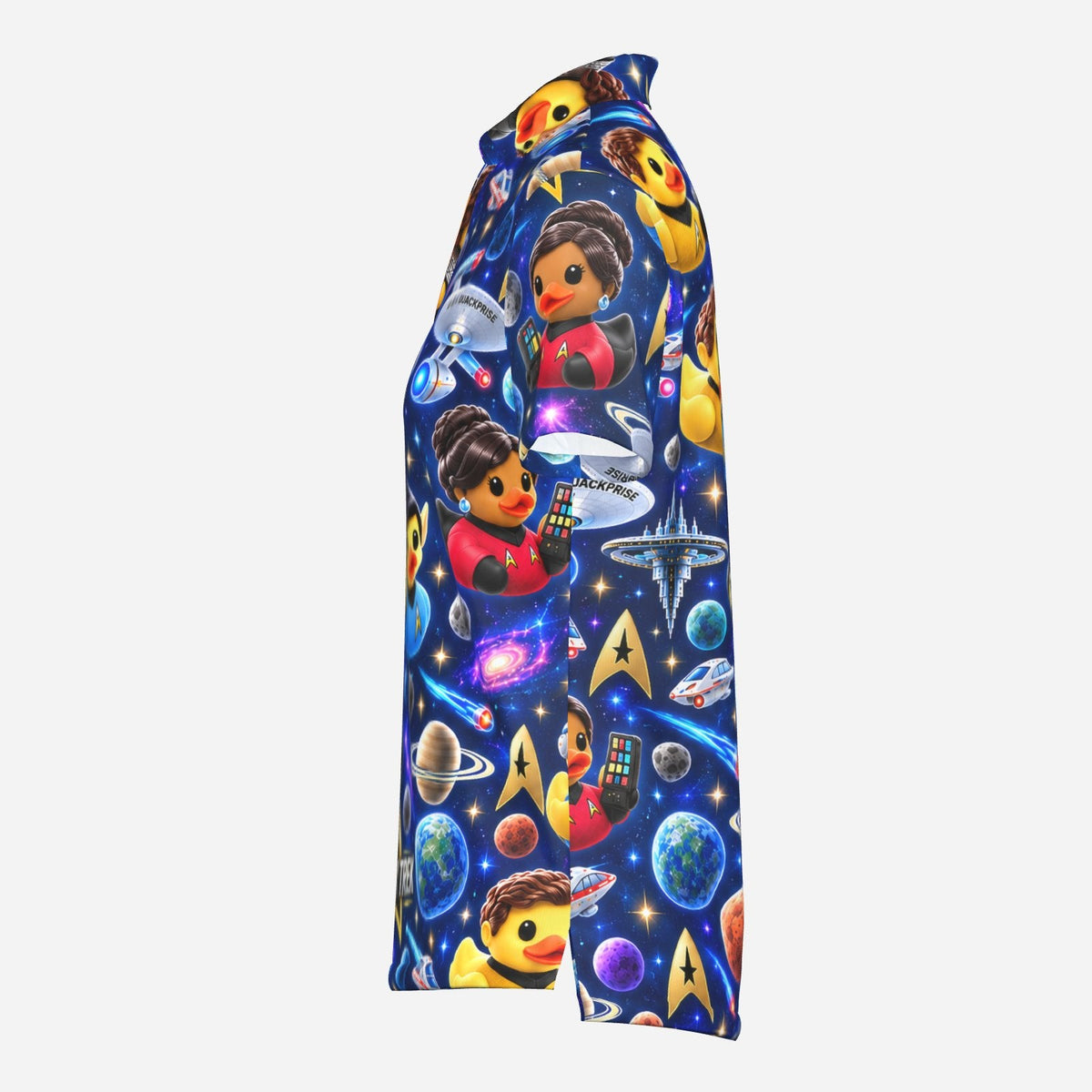 Women’s Quack Trek cruise shirt with sci-fi space duck pattern