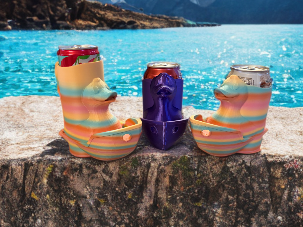 3D printed duck can koozie in colorful designs