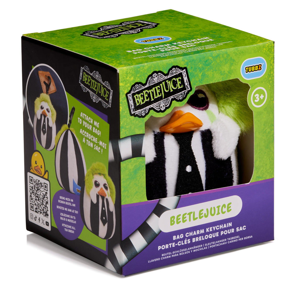 TUBBZ Beetlejuice plush bag charm keychain in retail packaging front view
