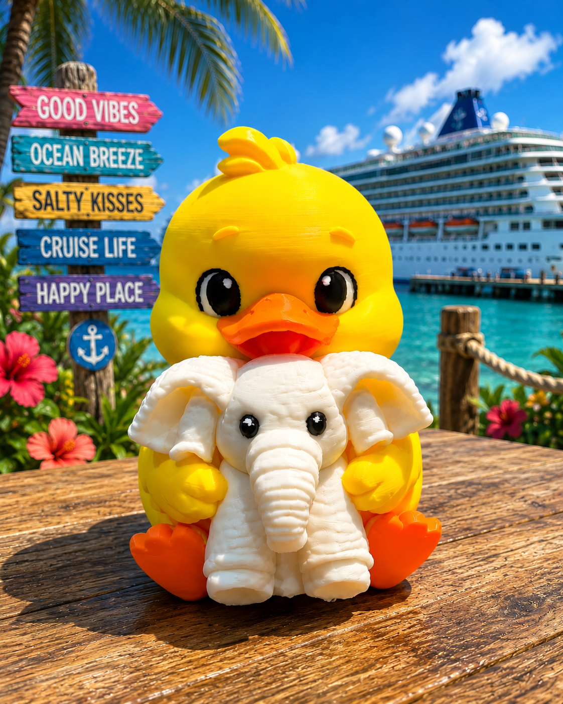 3D printed yellow duck holding a towel elephant