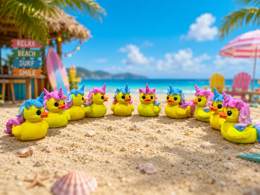 Set of 10 colorful 3D printed unicorn ducks