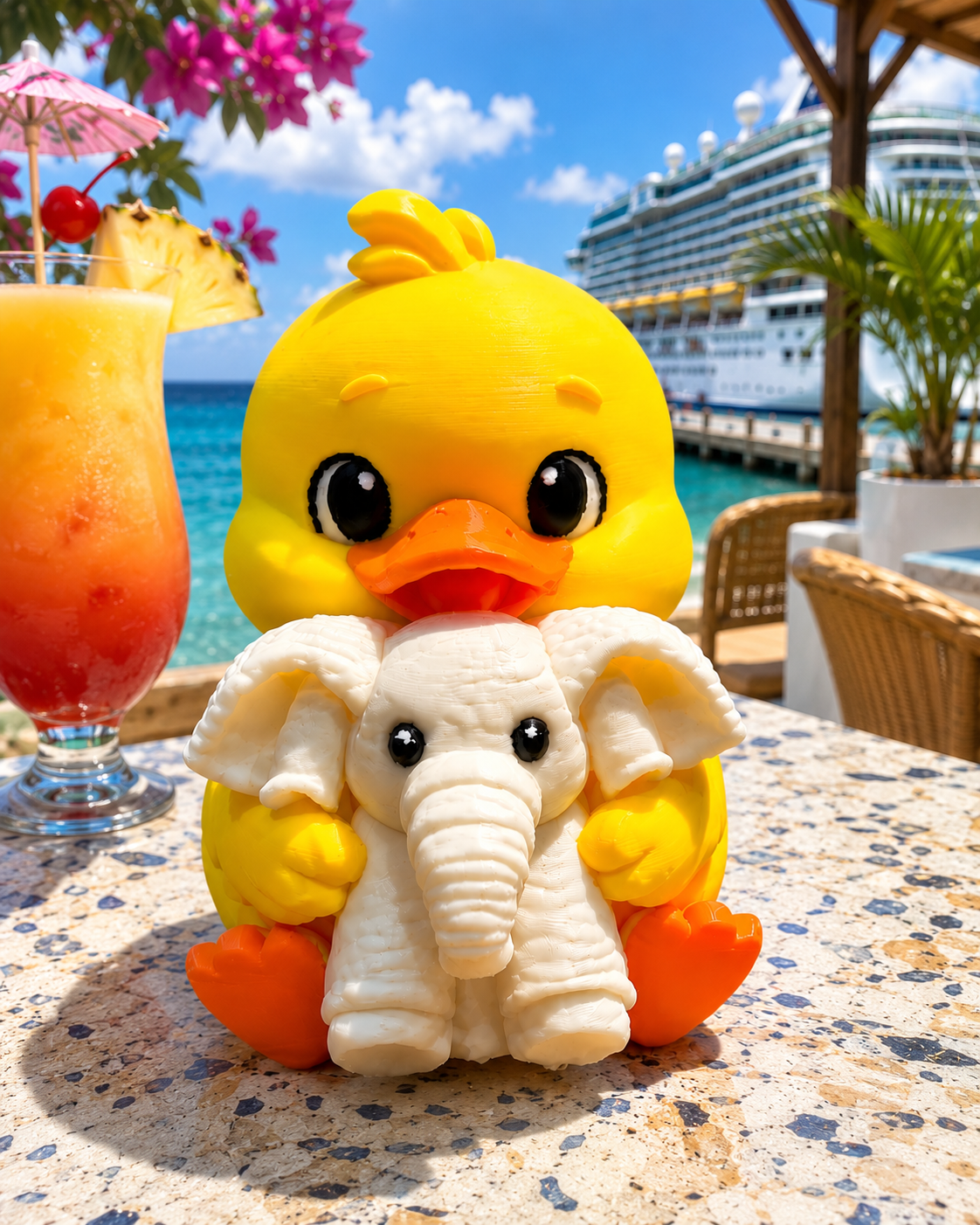 3D printed yellow duck holding a towel elephant