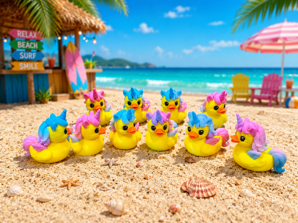 Set of 10 colorful 3D printed unicorn ducks